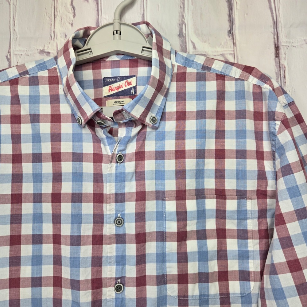 Johnnie-O Hangin Out Mens Medium Blue Burgundy Plaid Cotton Button Down Shirt